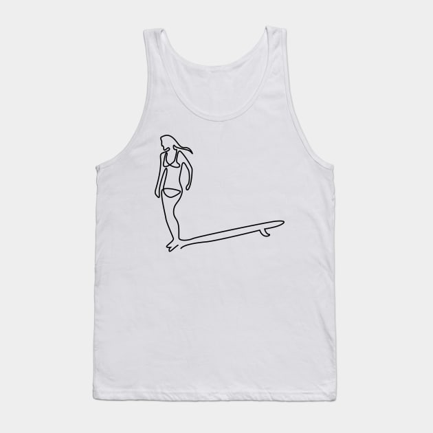 one line surfer girl hanging ten on a longboard Tank Top by JDP Designs